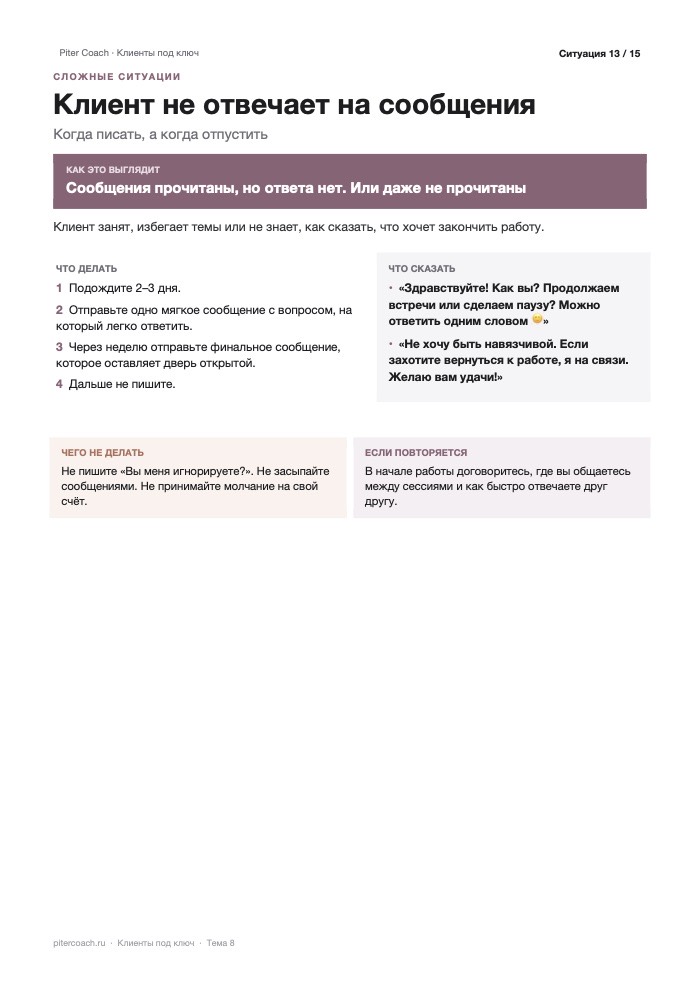Страница сложной ситуации «Клиент не отвечает на сообщения»